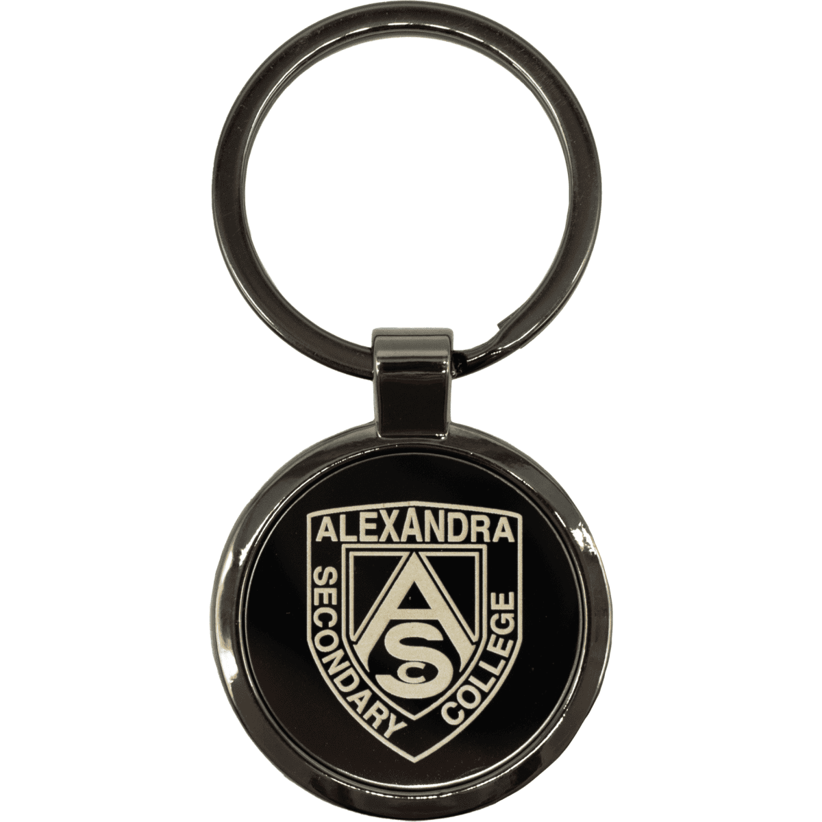 A gunmetal keychain featuring a circular design with a logo and a silver keyring attachment.