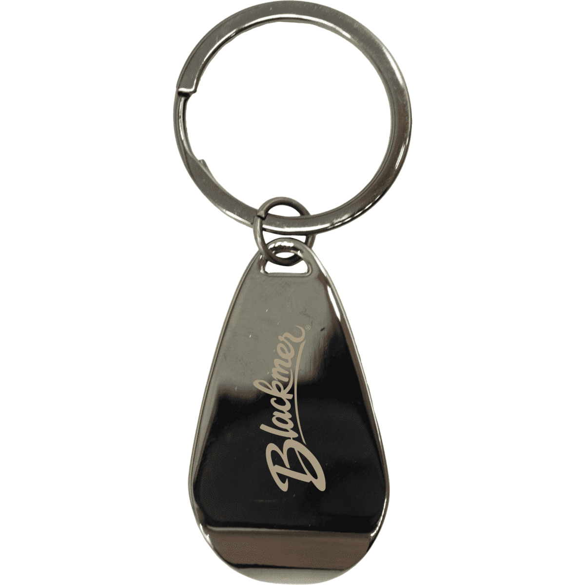 A drink bottle opener keychain in gunmetal colour with a polished finish and a logo.