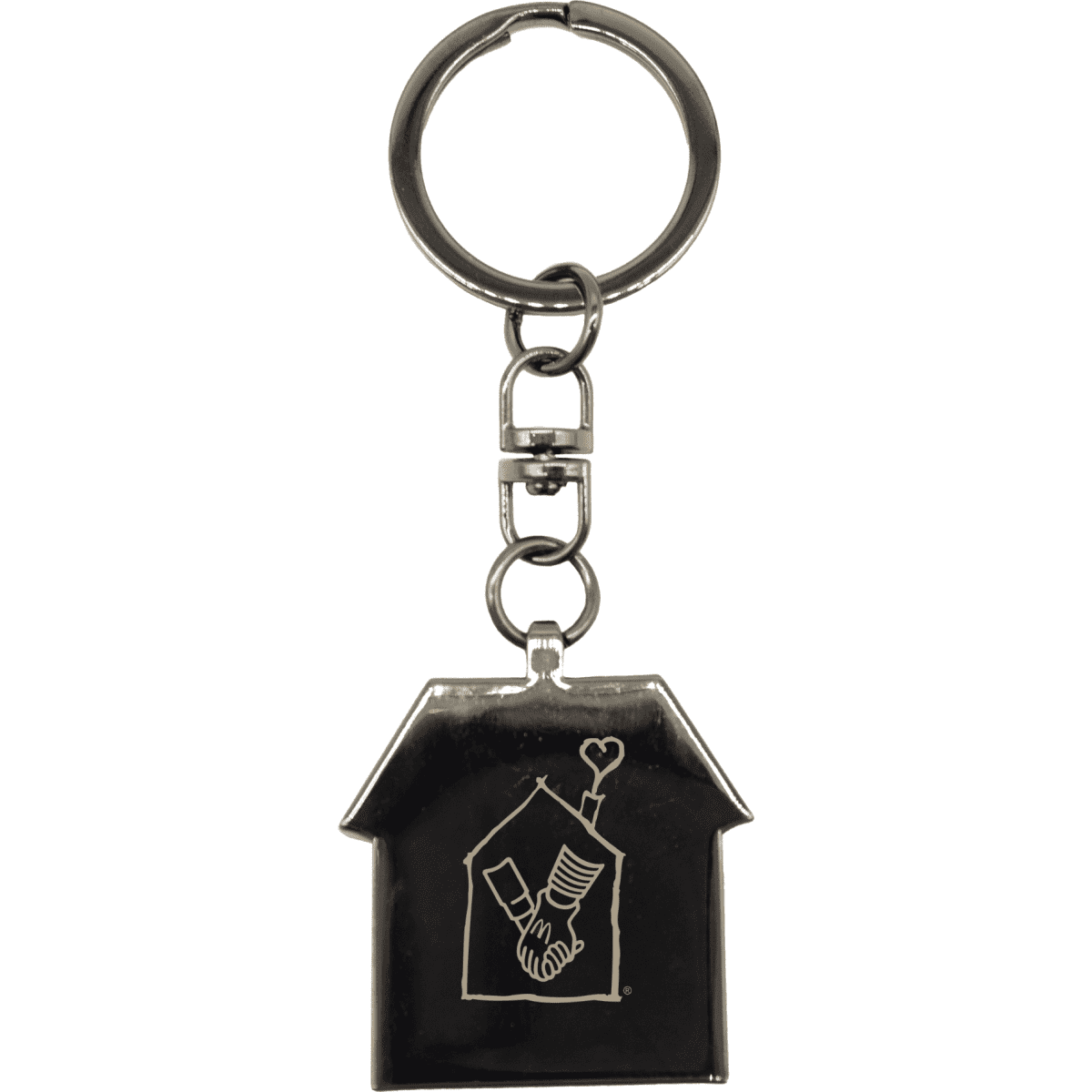 A gunmetal keychain in the shape of a house, featuring a decorative design and a metal ring.