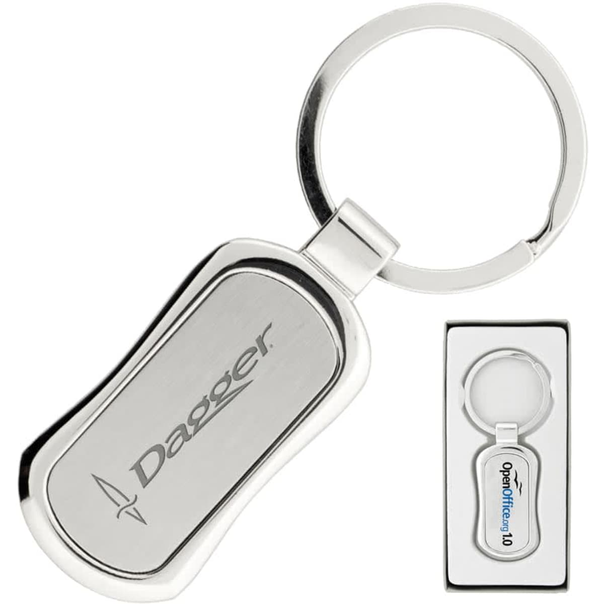 A silver keychain with a sleek design and a circular keyring, presented in a black box. It features a logo.