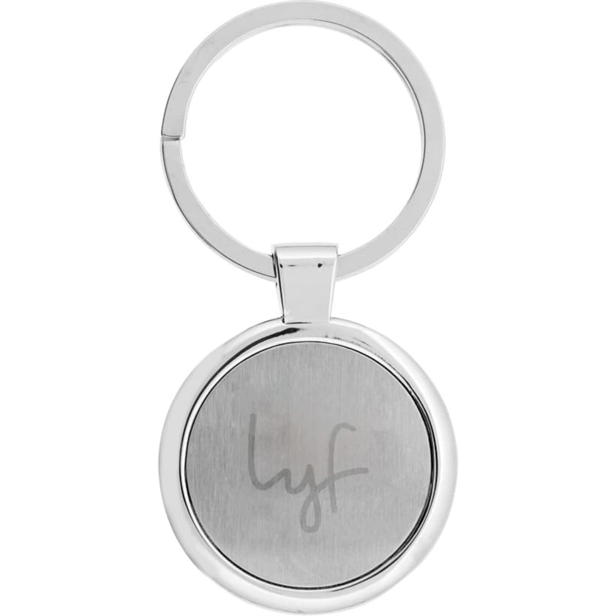 A silver keychain with a circular design featuring a branding logo on one side.