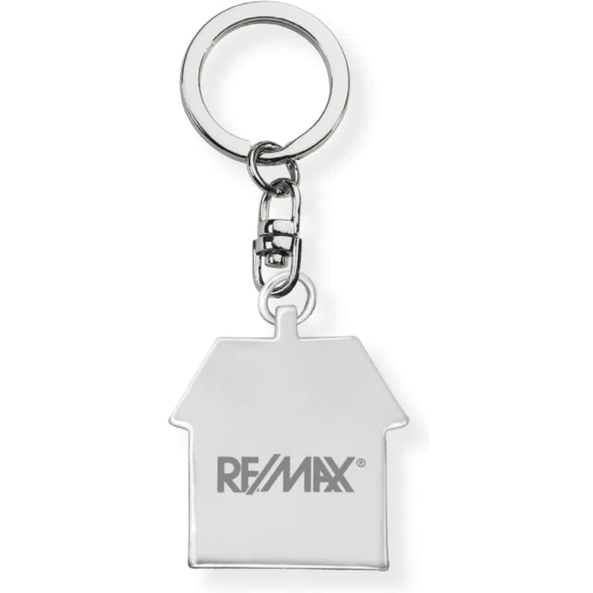 A silver keychain shaped like a house, featuring a logo, attached to a metal ring.