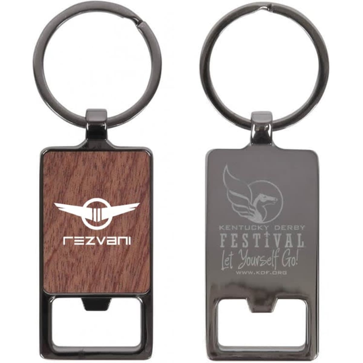 A metal keychain featuring a rectangular design with a wooden centre and a bottle opener at the base, includes a logo.