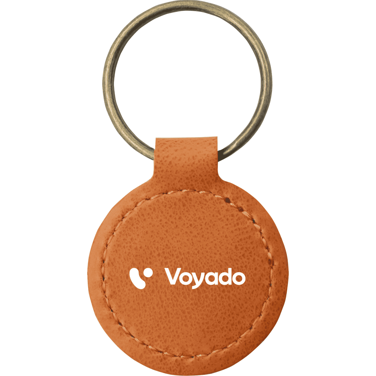 A round keyring made from recycled leather in a tan colour with a metal ring and a branding logo.