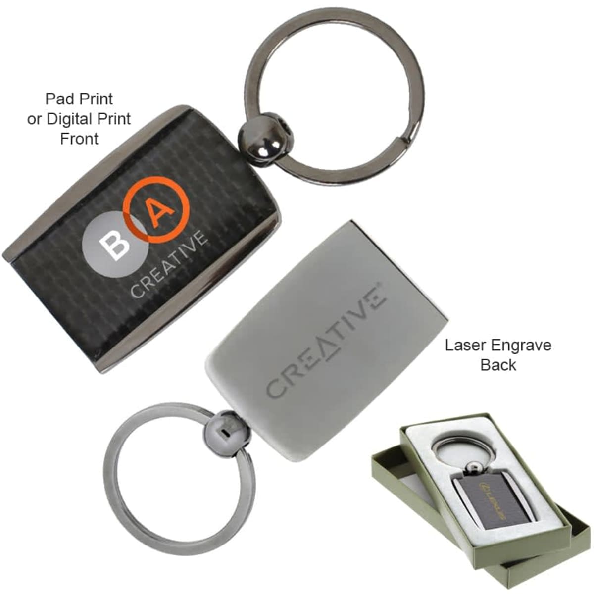 A carbon fibre keychain featuring a circular metal ring and a rectangular holder in silver and black, displayed in a gift box.