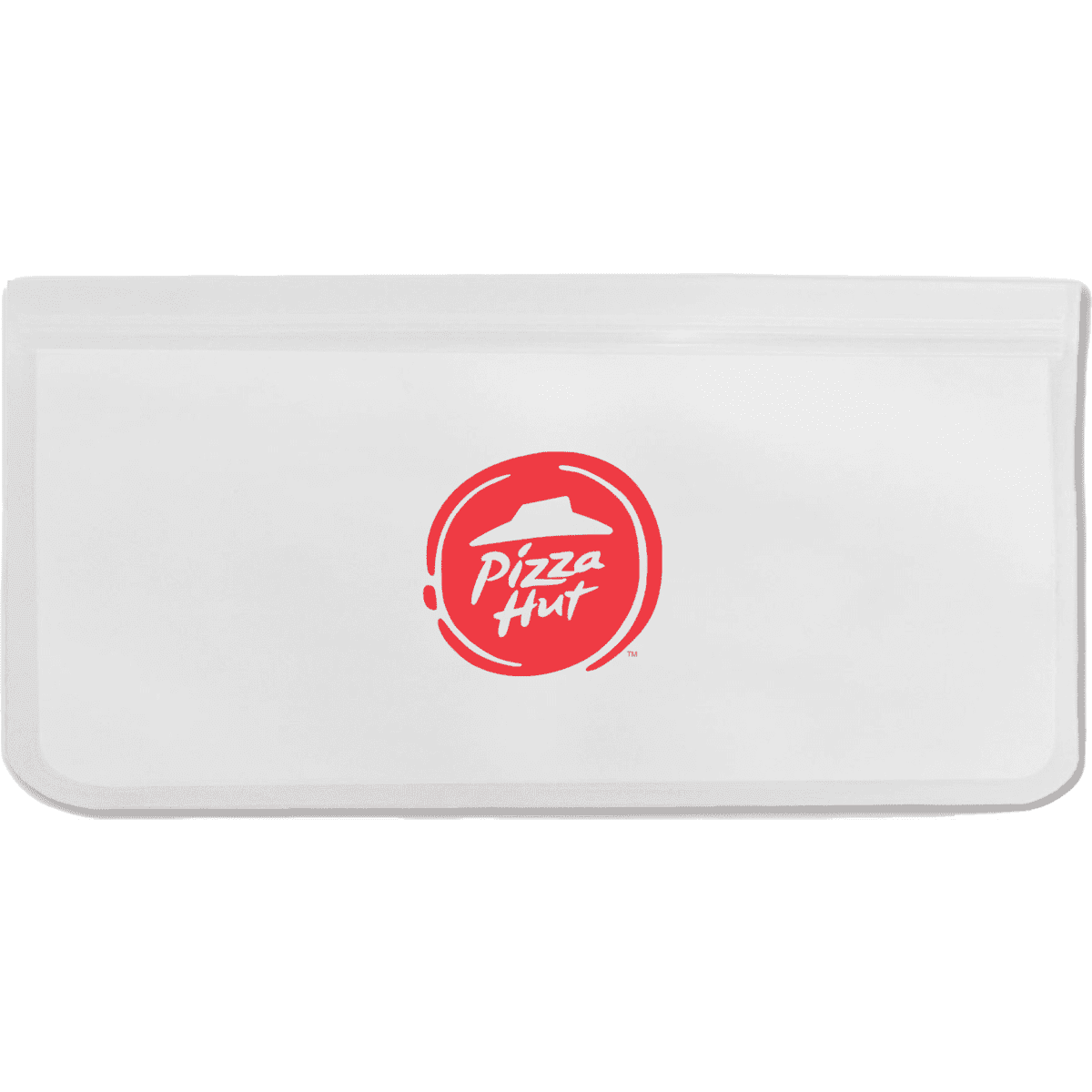 A white PEVA reusable food storage bag with a red logo, suitable for lunch or snacks.
