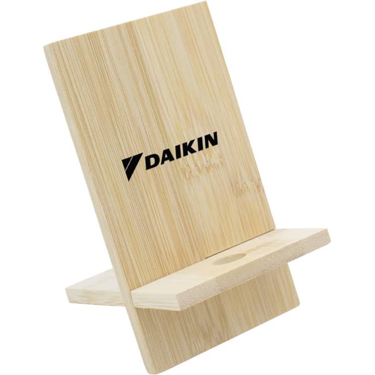 A bamboo phone stand with a sleek design and a logo, featuring a natural wood finish.