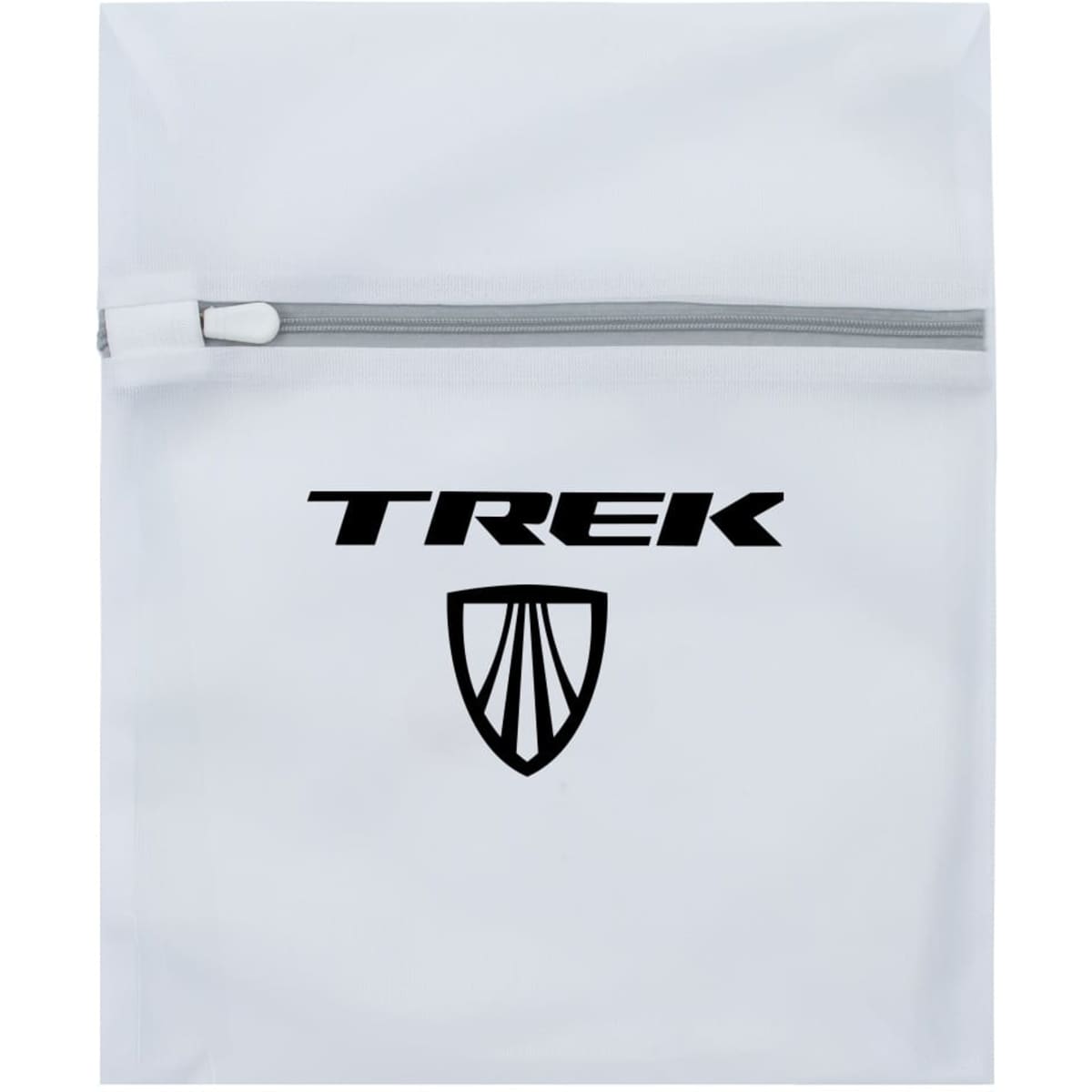 A white laundry bag with a zip, featuring a logo on the front.