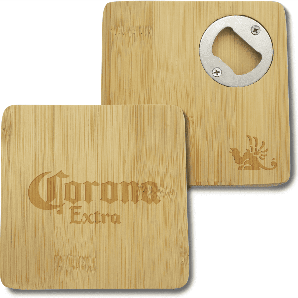 A square bamboo coaster featuring a bottle opener and a logo, with a natural wood finish.