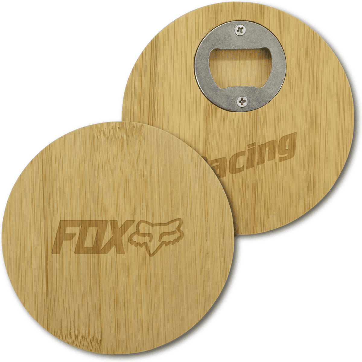 A round bamboo coaster featuring a bottle opener on one side and a logo on the other side.