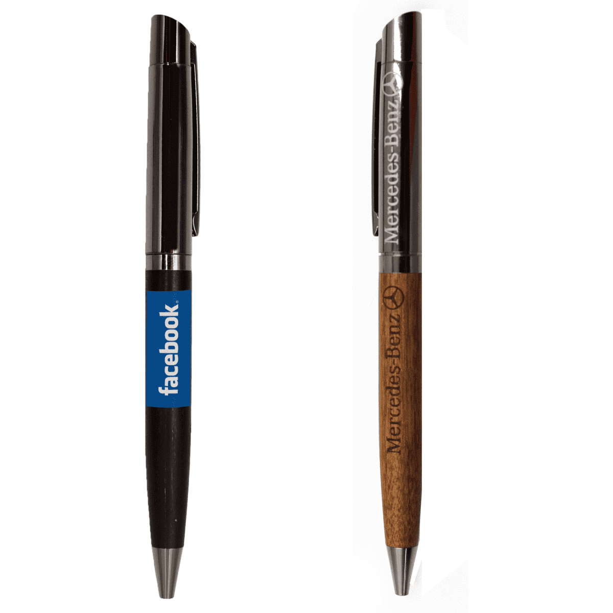 A wooden and metal ball pen with a sleek design, featuring a black and a brown finish, with logos included.
