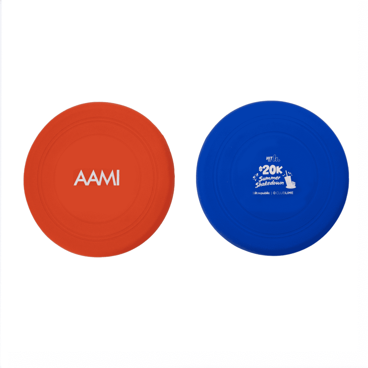 A red and blue silicone frisbee featuring a logo on one side, designed for fun and games.