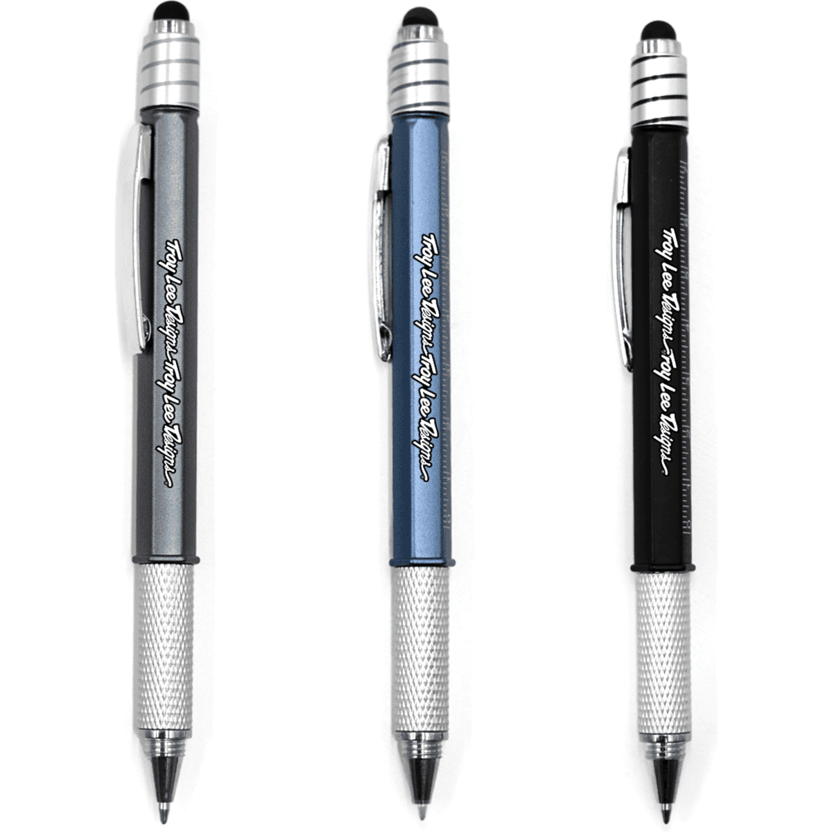 Three pens in grey, blue, and black with a silver grip and a logo on each.