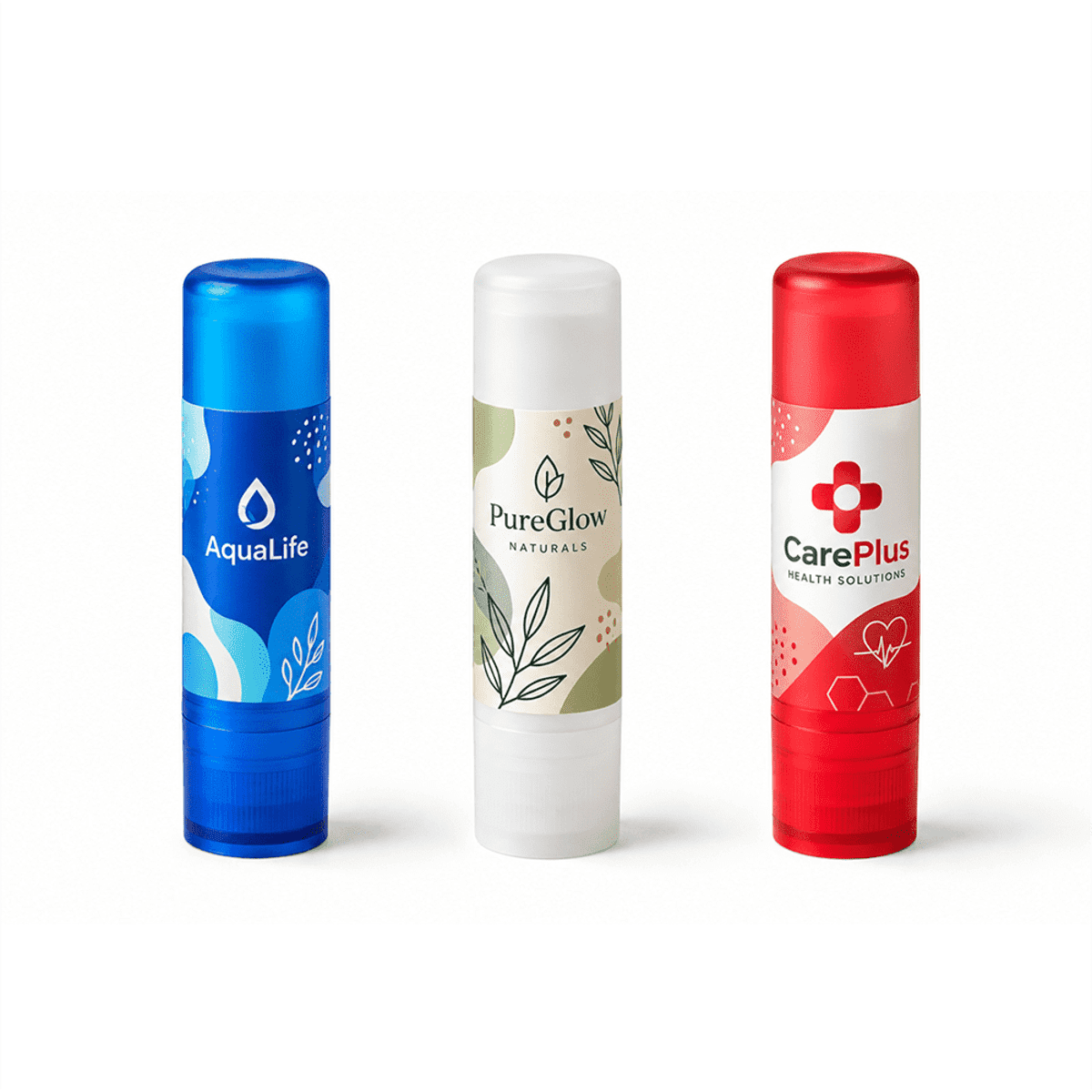 Three lip balm tubes in blue, white, and red, featuring logos and various floral designs.