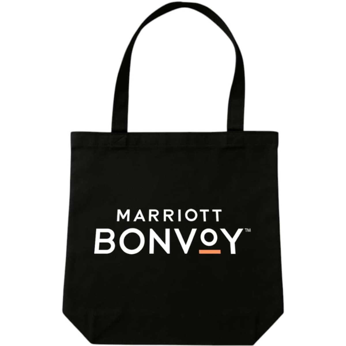 A black tote bag with two handles and a logo featured prominently on the front.