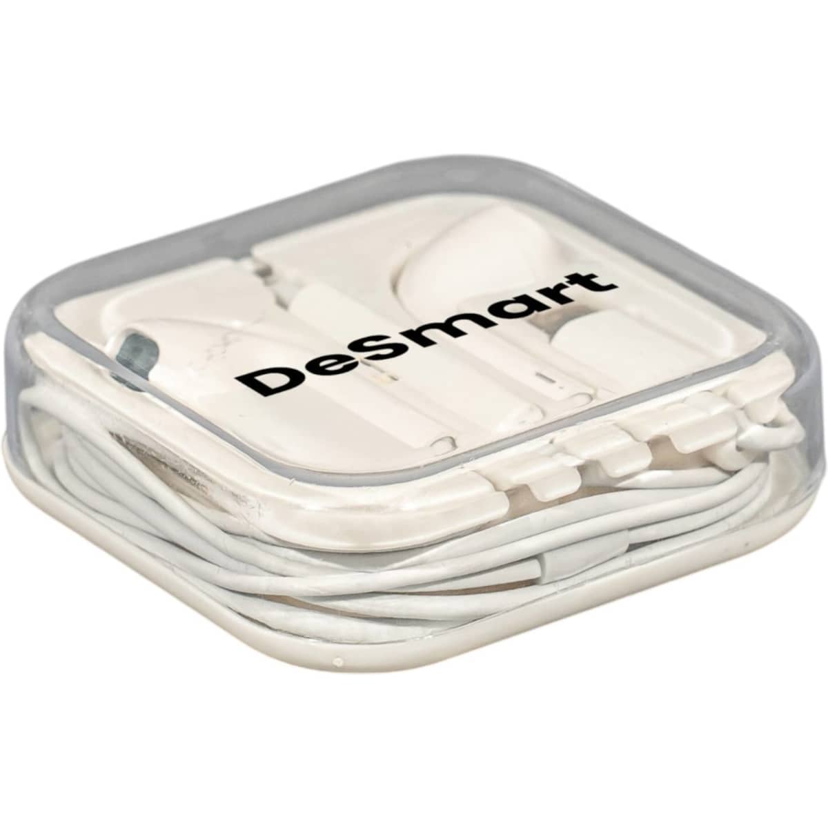 A white USB Type C earphone packaged in a clear case, featuring a logo on the front.