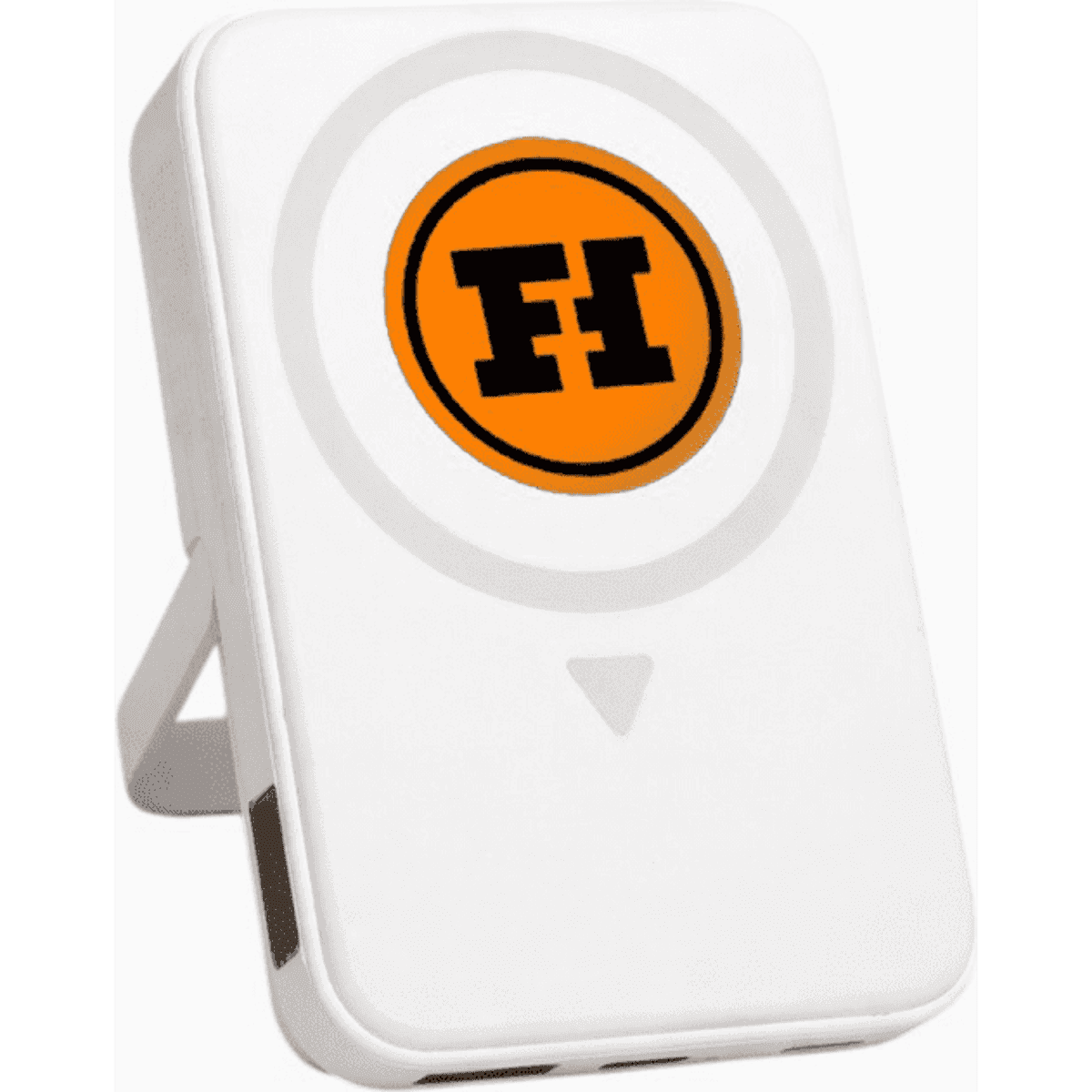 A white wireless charging powerbank with a circular design and a brand logo on the front.