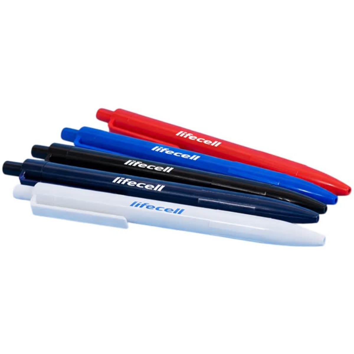 A collection of plastic ball pens in red, blue, black, and white, featuring branding on the barrels.