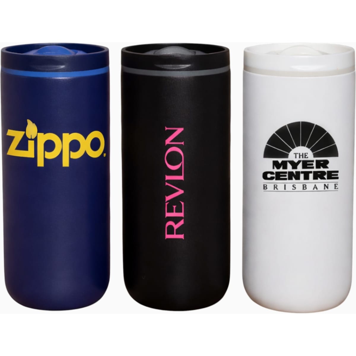 A drink bottle set featuring three tumblers in navy, black, and white, each with a logo on them.