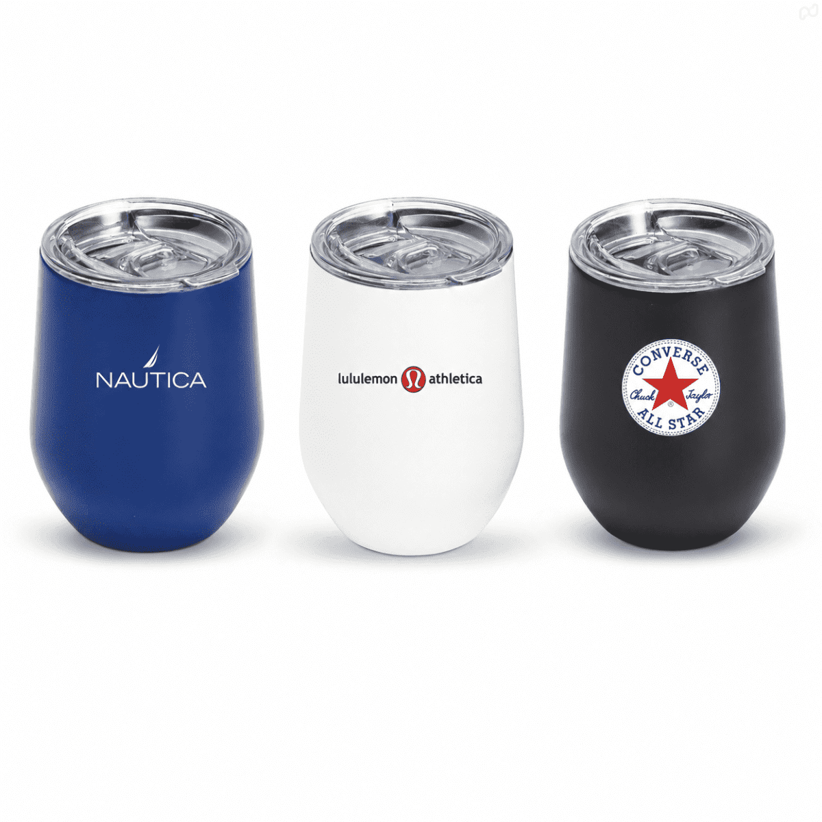 Three insulated mugs with lids in blue, white, and black, featuring different logos.