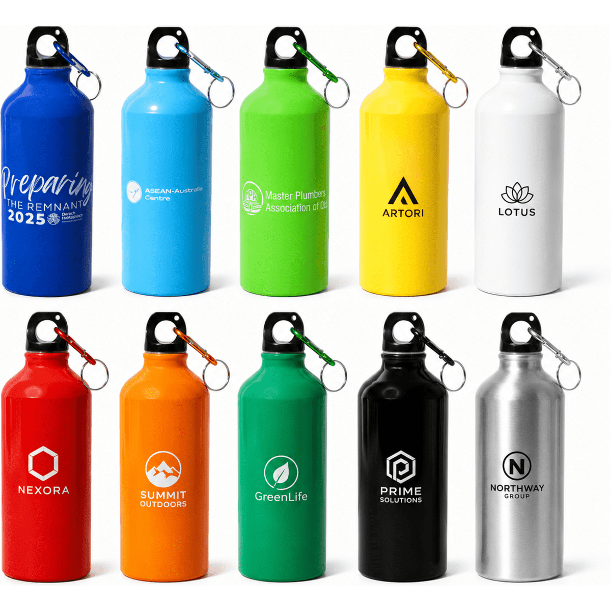 A drink bottle collection featuring various colours: blue, yellow, green, white, and stainless steel, each with a logo and a keyring.