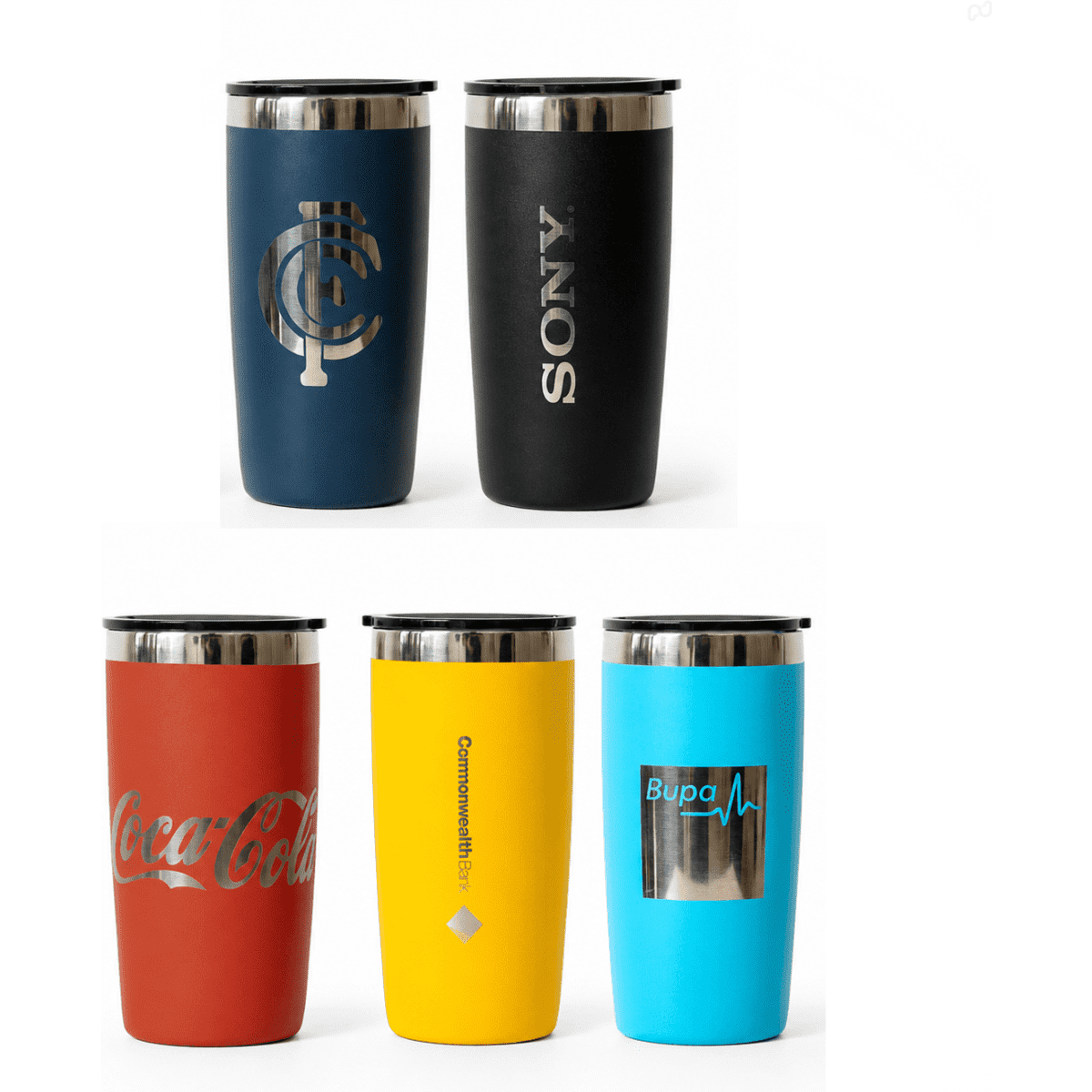 A drink bottle collection featuring four tumblers in black, red, yellow, and turquoise, with various logos.