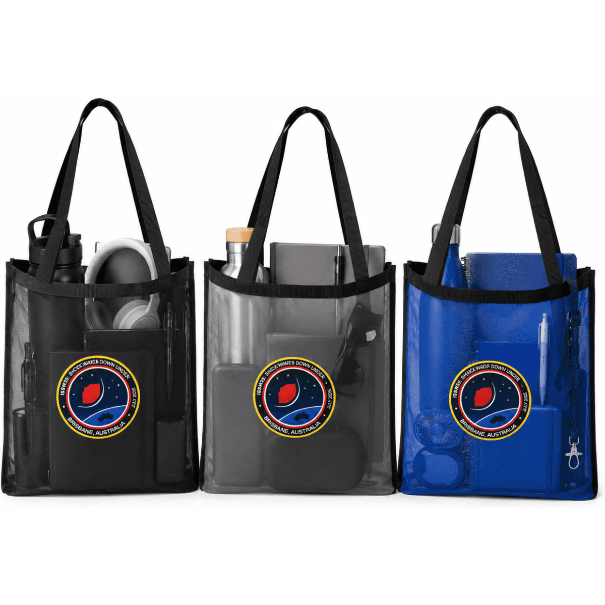 A nylon mesh tote bag available in black, grey, and blue, featuring a logo on the front.