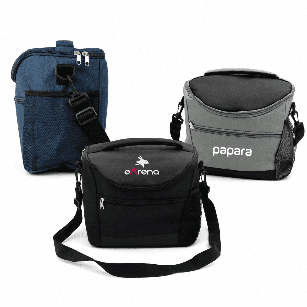 Three cooler bags in navy blue, black, and grey, each with adjustable straps and logos on the front.