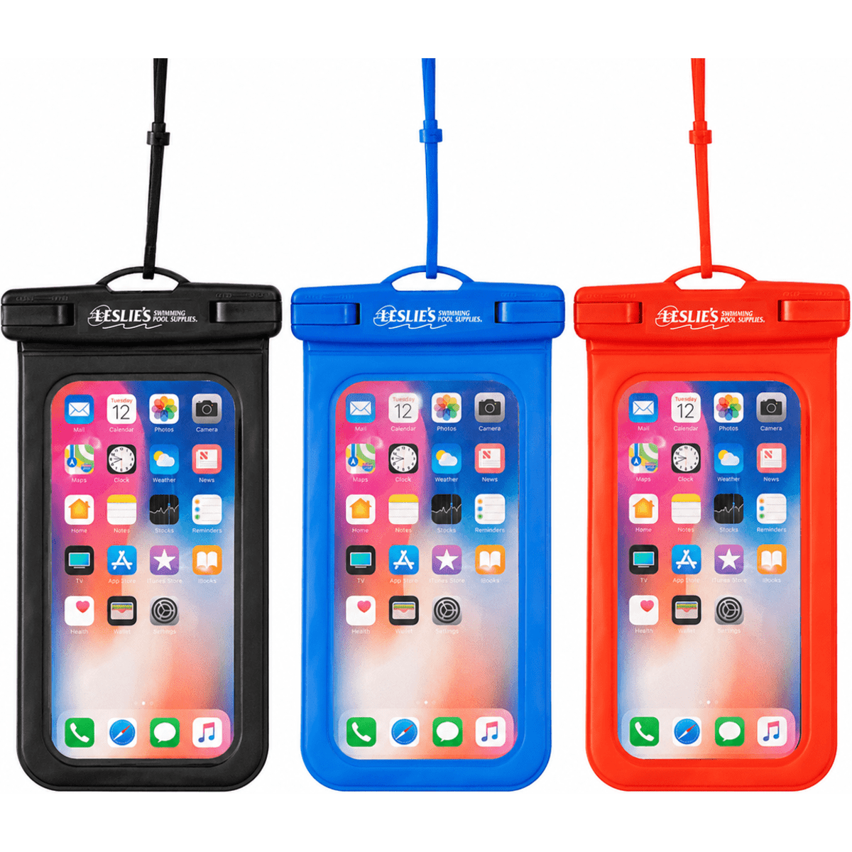 Three waterproof phone pouches in black, blue, and red, featuring a transparent front and a logo.