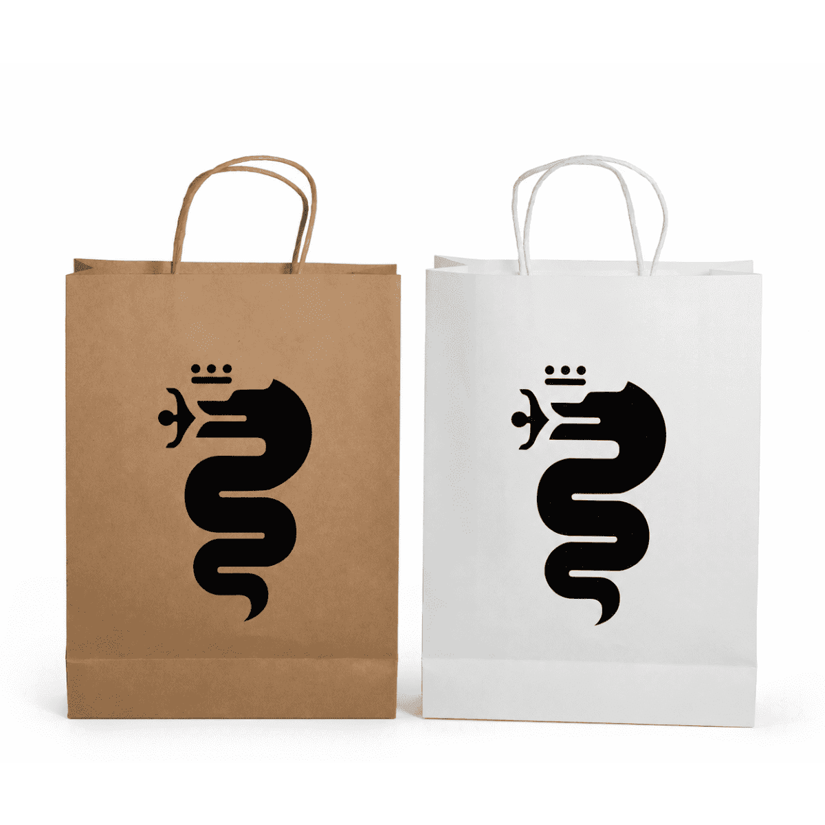 Two paper show bags, one in brown and one in white, both featuring a black snake logo.