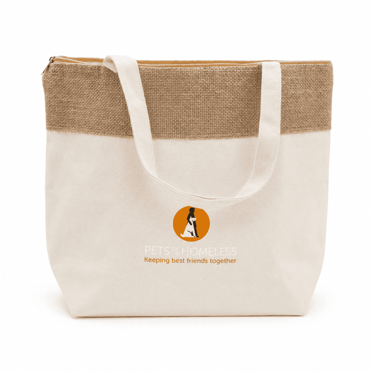 A jute and cotton cooler bag in cream and tan with a logo on the front, featuring sturdy handles.