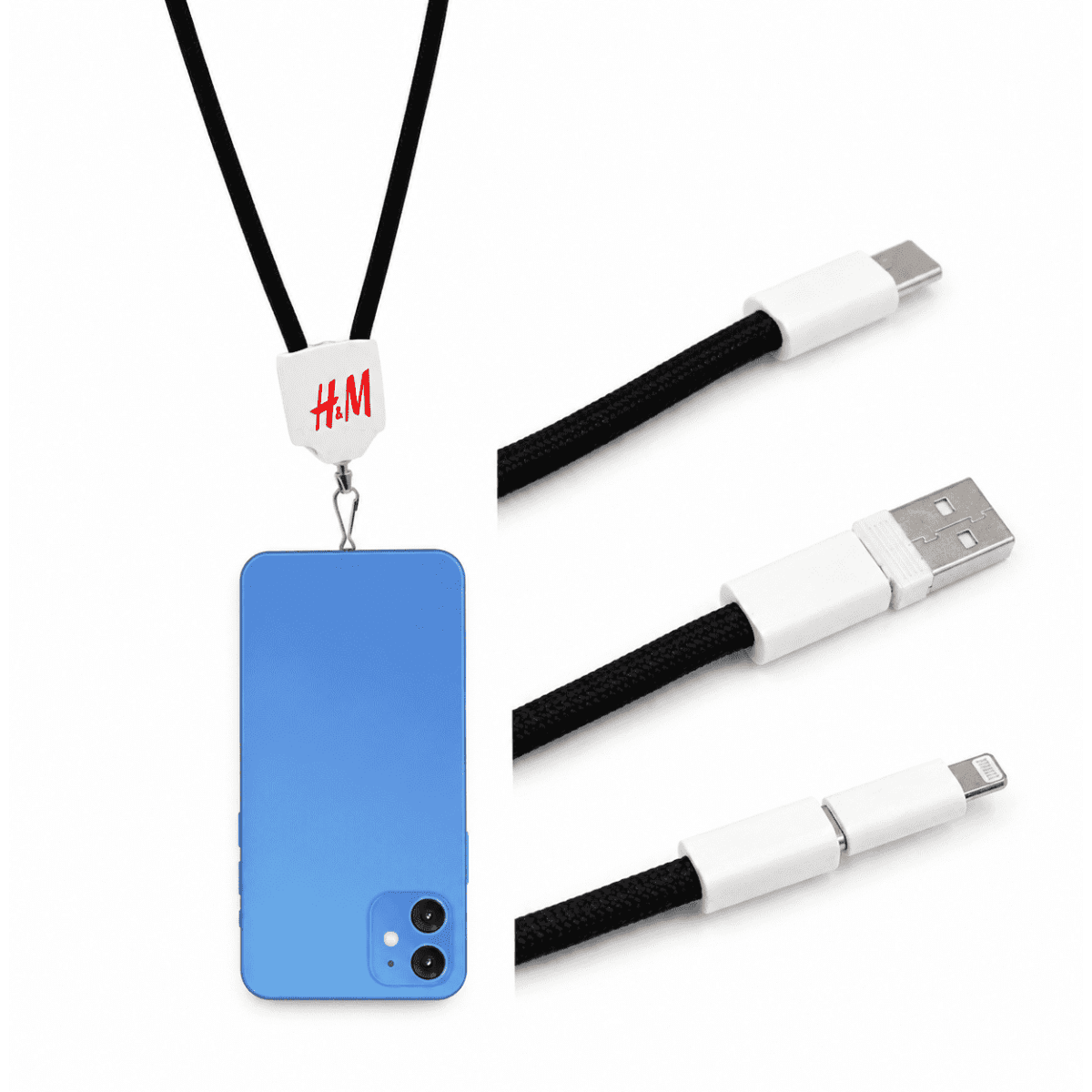 A charging lanyard with a black strap, featuring a white connector and a blue phone attached.