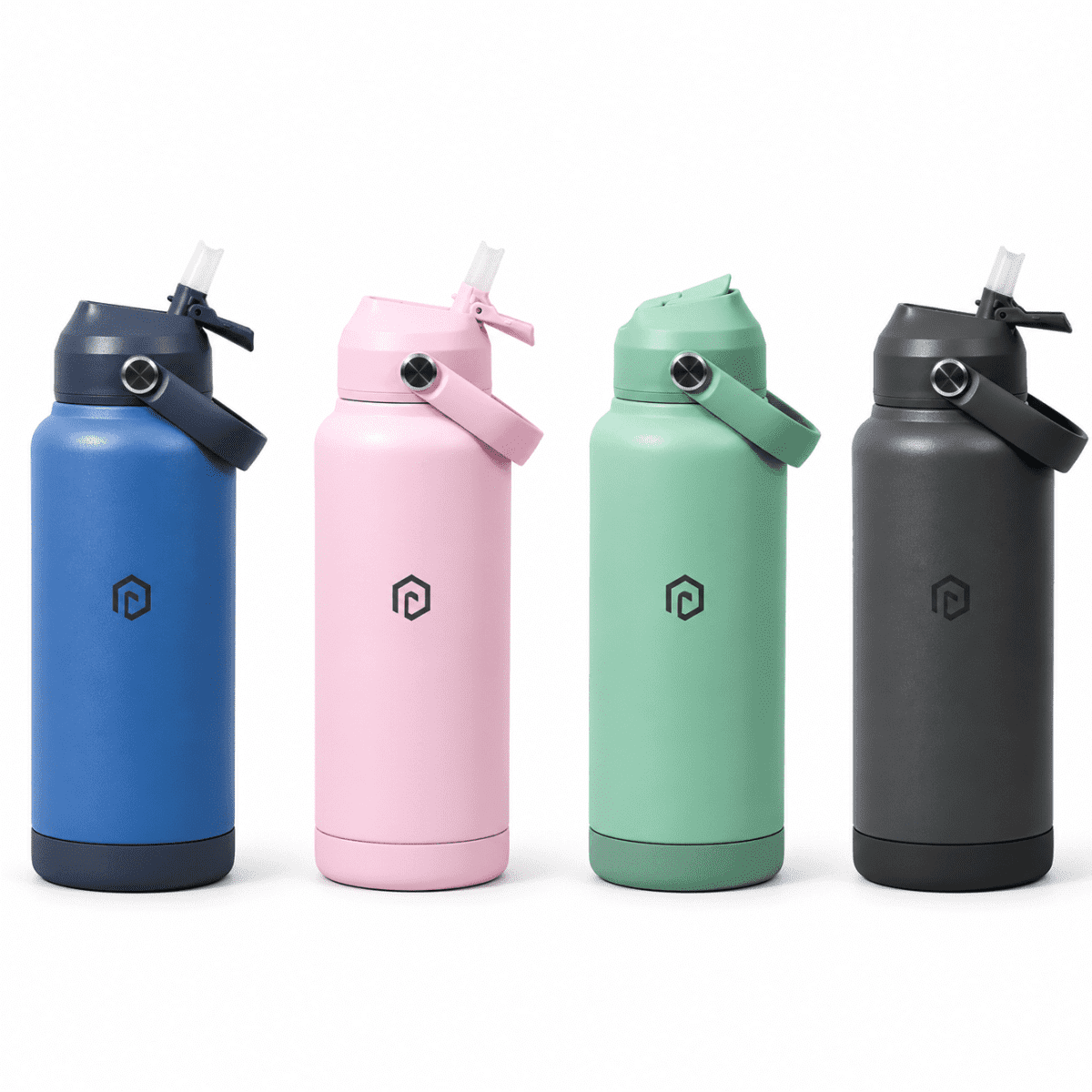 A drink bottle collection featuring blue, pink, green, and black bottles, each with a logo and a straw lid.
