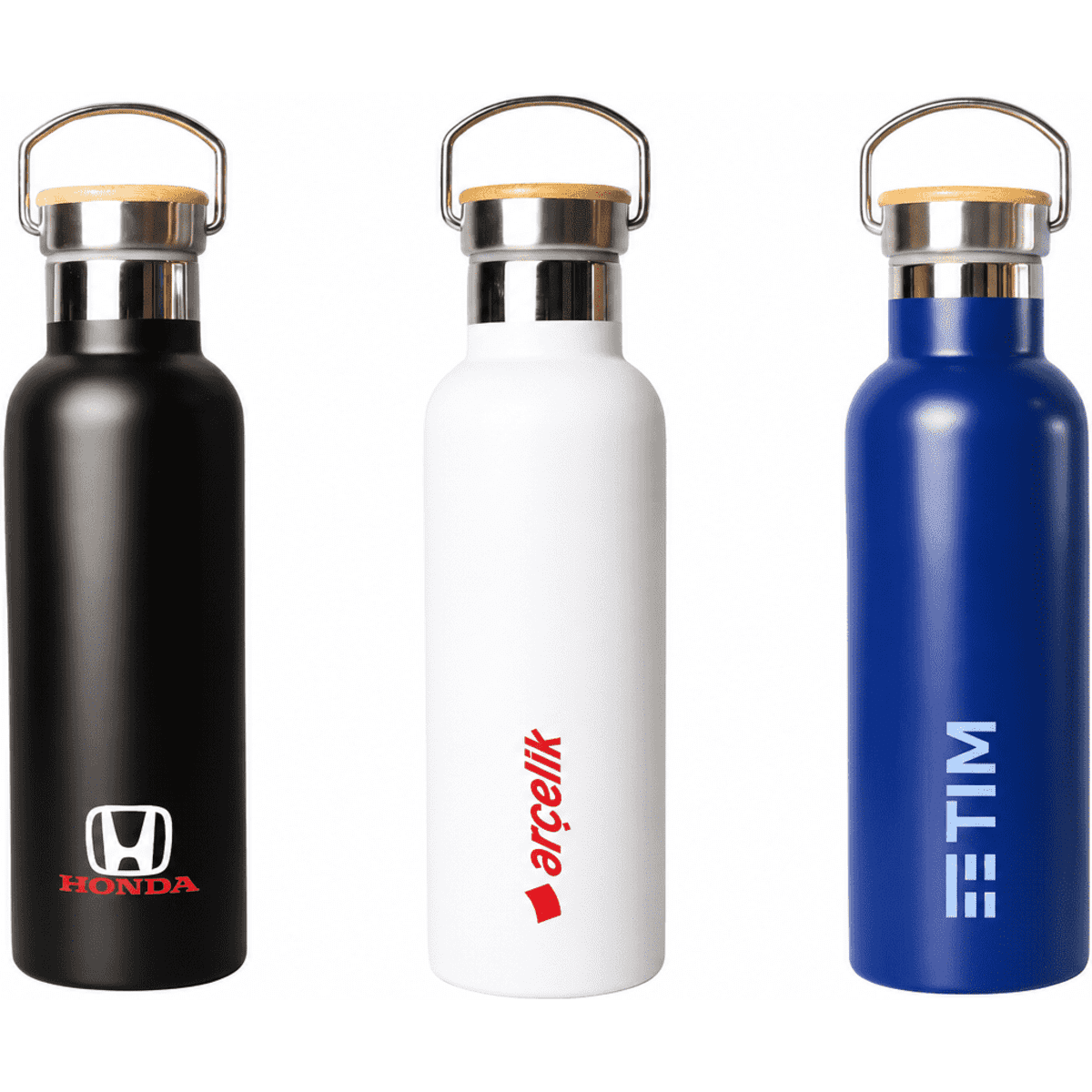 A drink bottle collection featuring a black, white, and blue stainless steel design with various logos and a bamboo lid.
