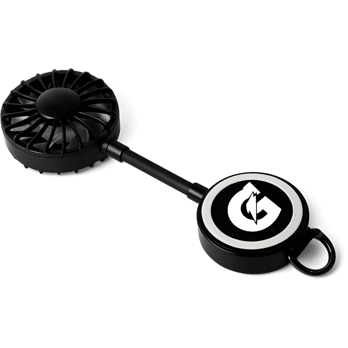 A black rechargeable fan with a round base featuring a logo. It has a compact design for easy portability.