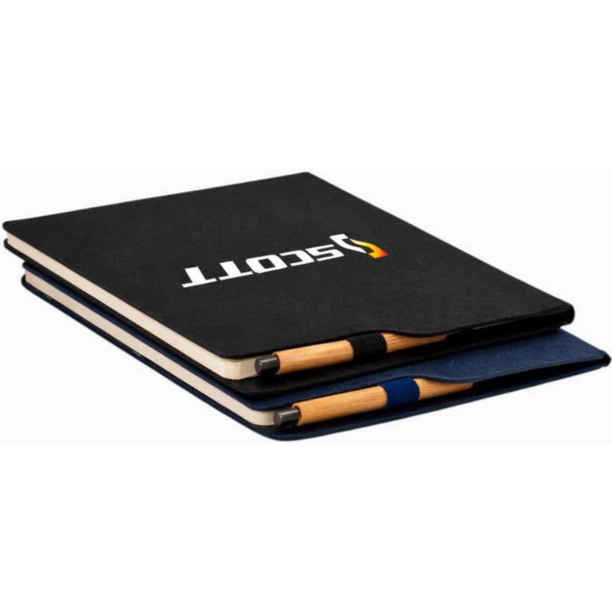 A pair of A4 notebooks in black and navy, featuring wooden pens and a logo on the front cover.