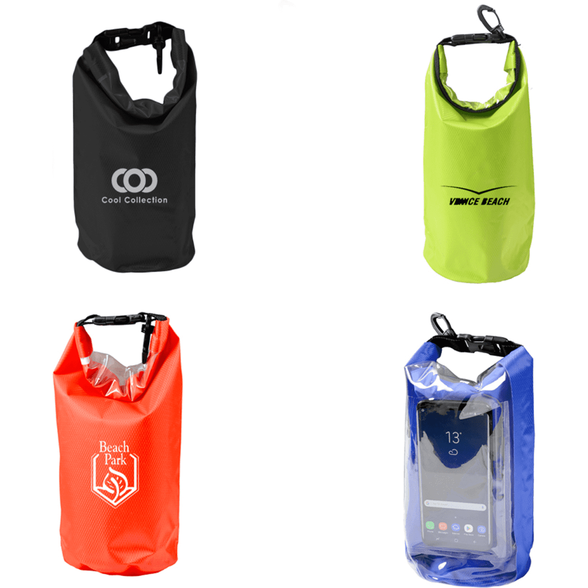 Four 2.5L dry bags in black, yellow, orange, and blue, featuring various logos and a transparent compartment.