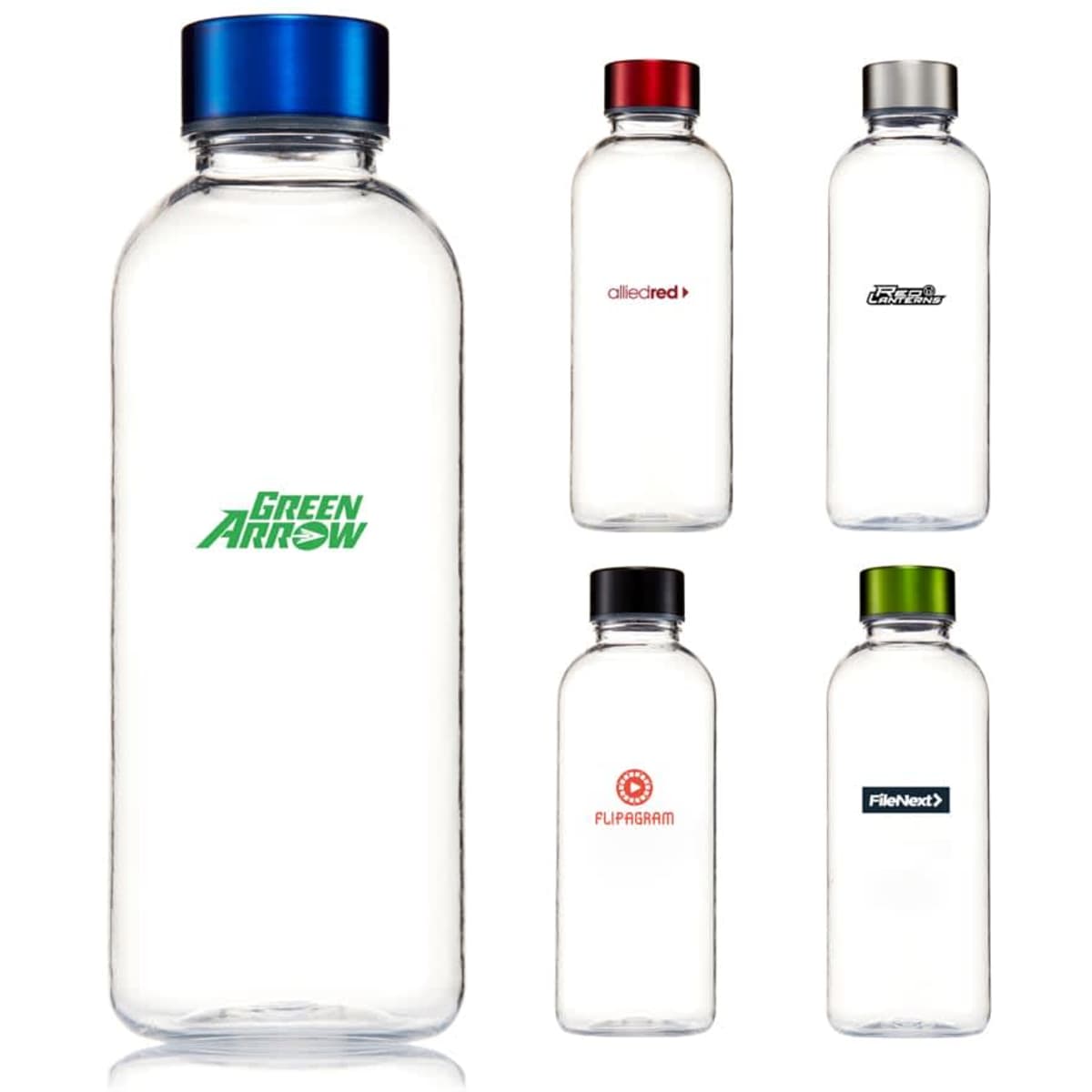 A drink bottle with a transparent body and a blue lid, featuring a green logo, alongside four similar bottles with different lids and logos.