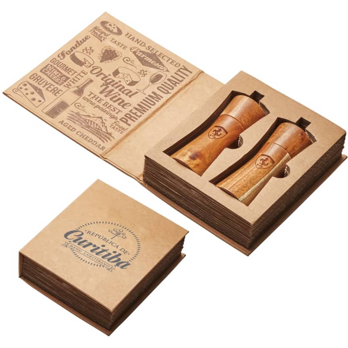 A salt and pepper set in wooden-coloured holders, presented in a decorative box with branding.