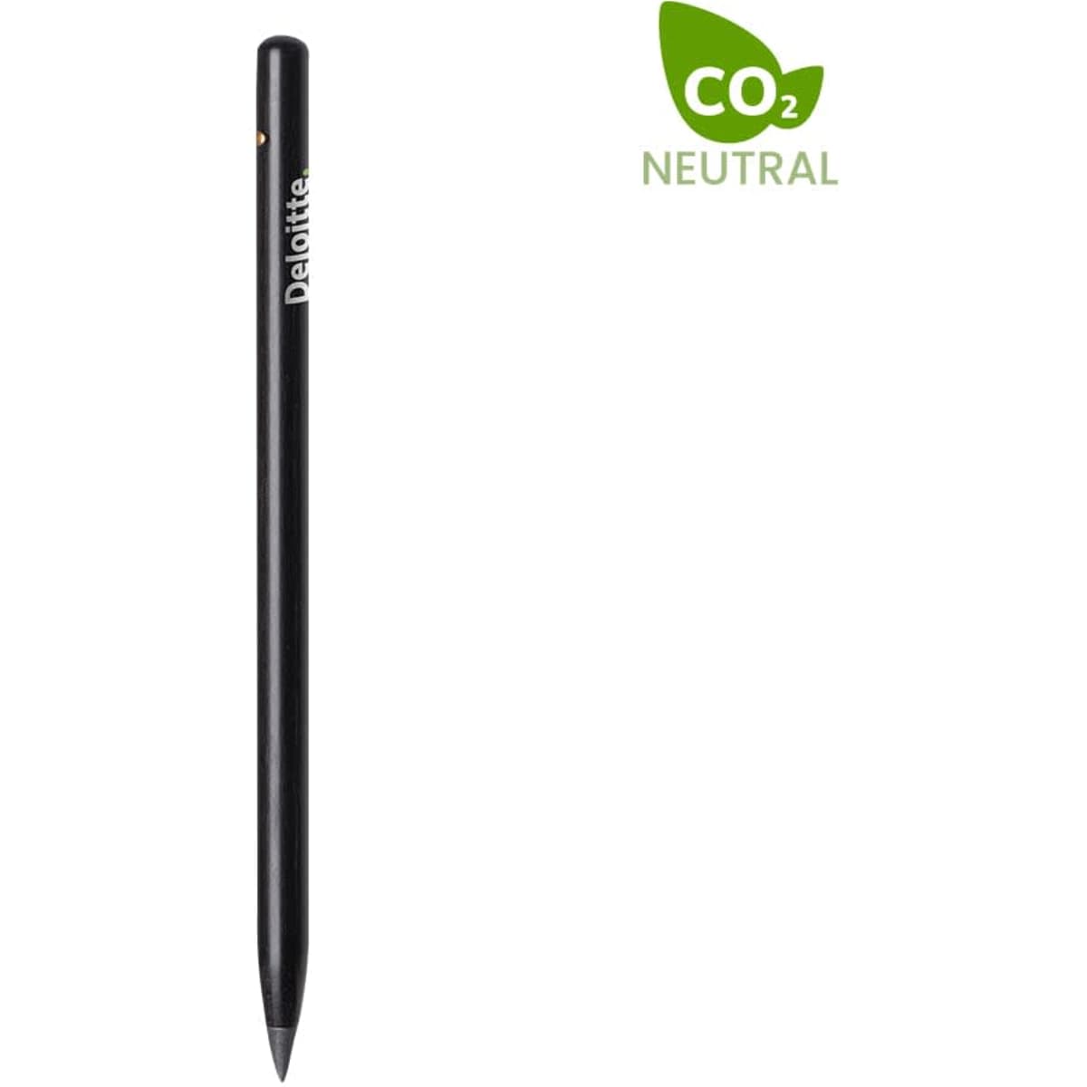 A black graphite pencil with a smooth finish and a logo on the side.