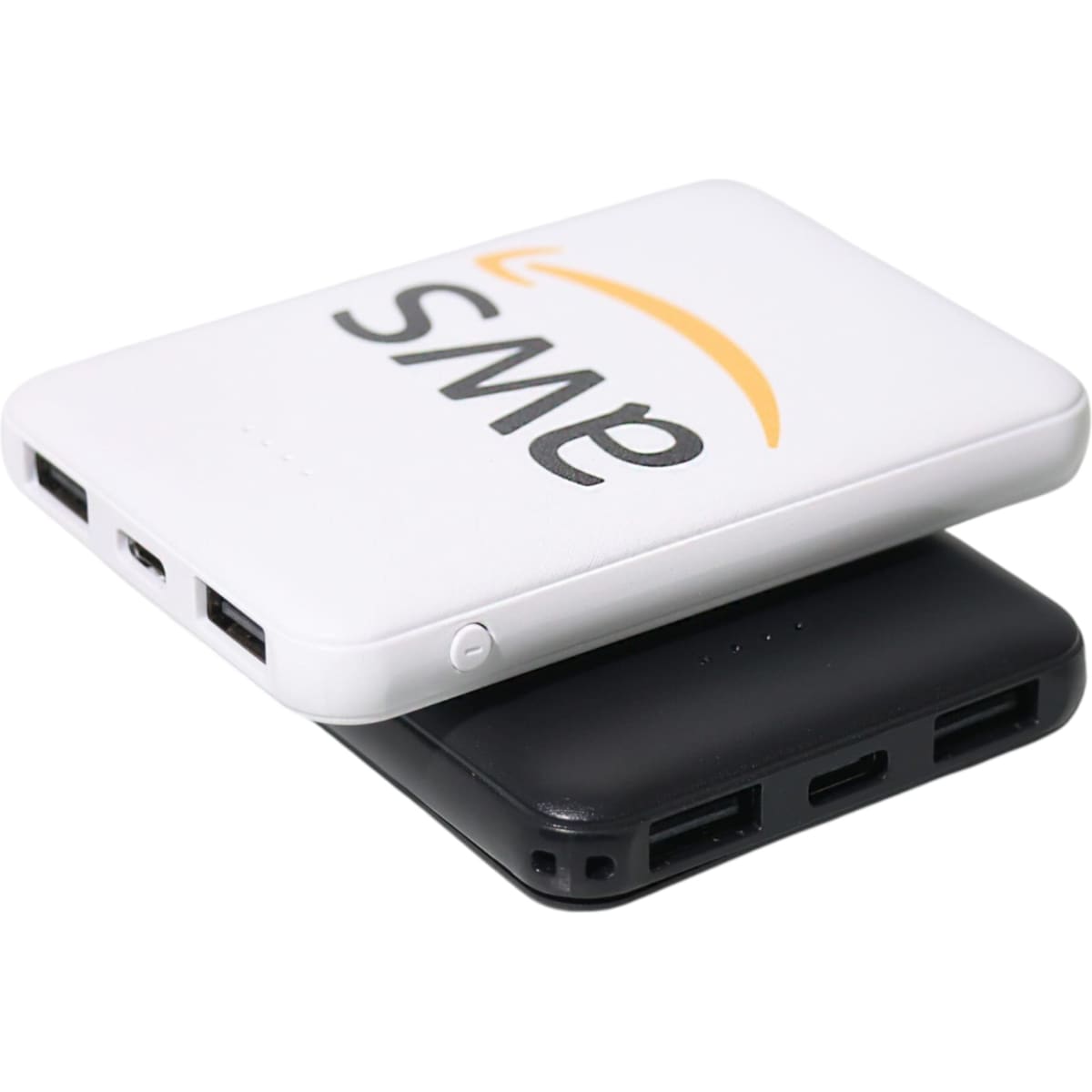A white and black power bank featuring multiple USB ports and a logo on the front.