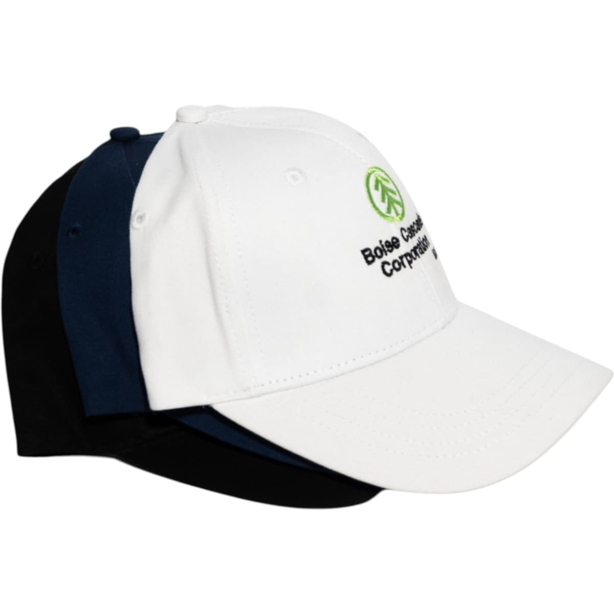 A trio of snapback cotton baseball caps in white and navy, featuring a logo on the front.