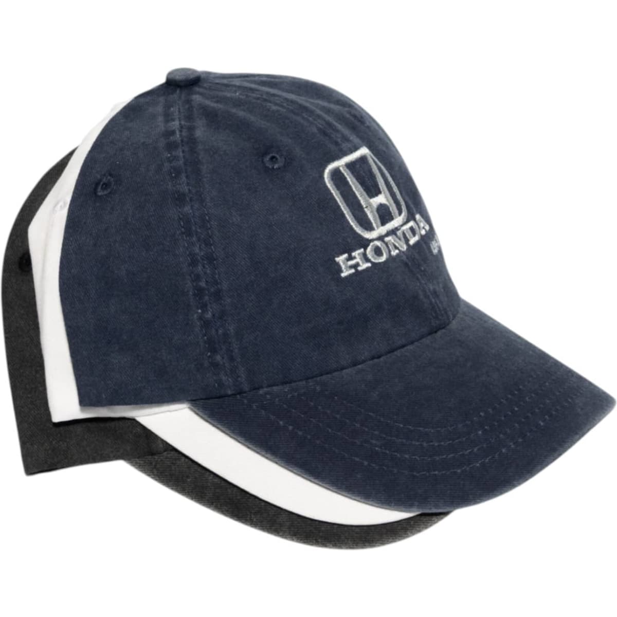 A denim cotton baseball cap in navy, featuring a logo, with contrasting white and black variants displayed.