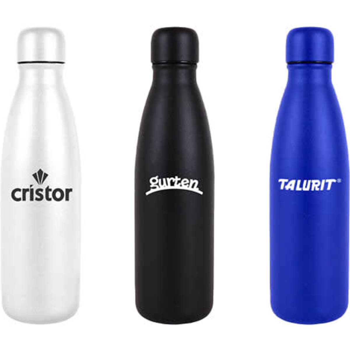 A drink bottle trio featuring a silver, black, and blue stainless steel design, each with a logo.