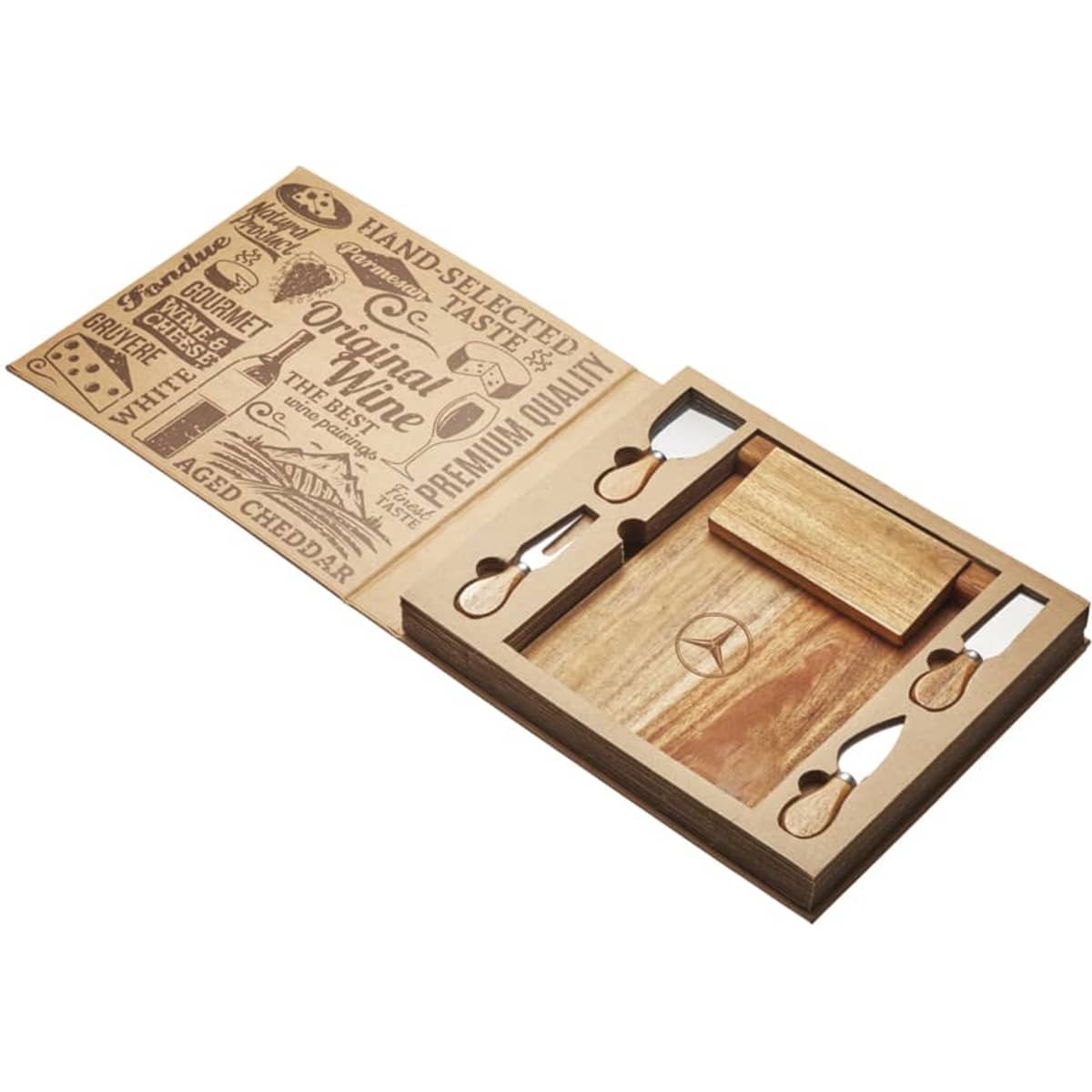A wooden cheeseboard and knife set featuring various utensils, with a decorative engraved design.