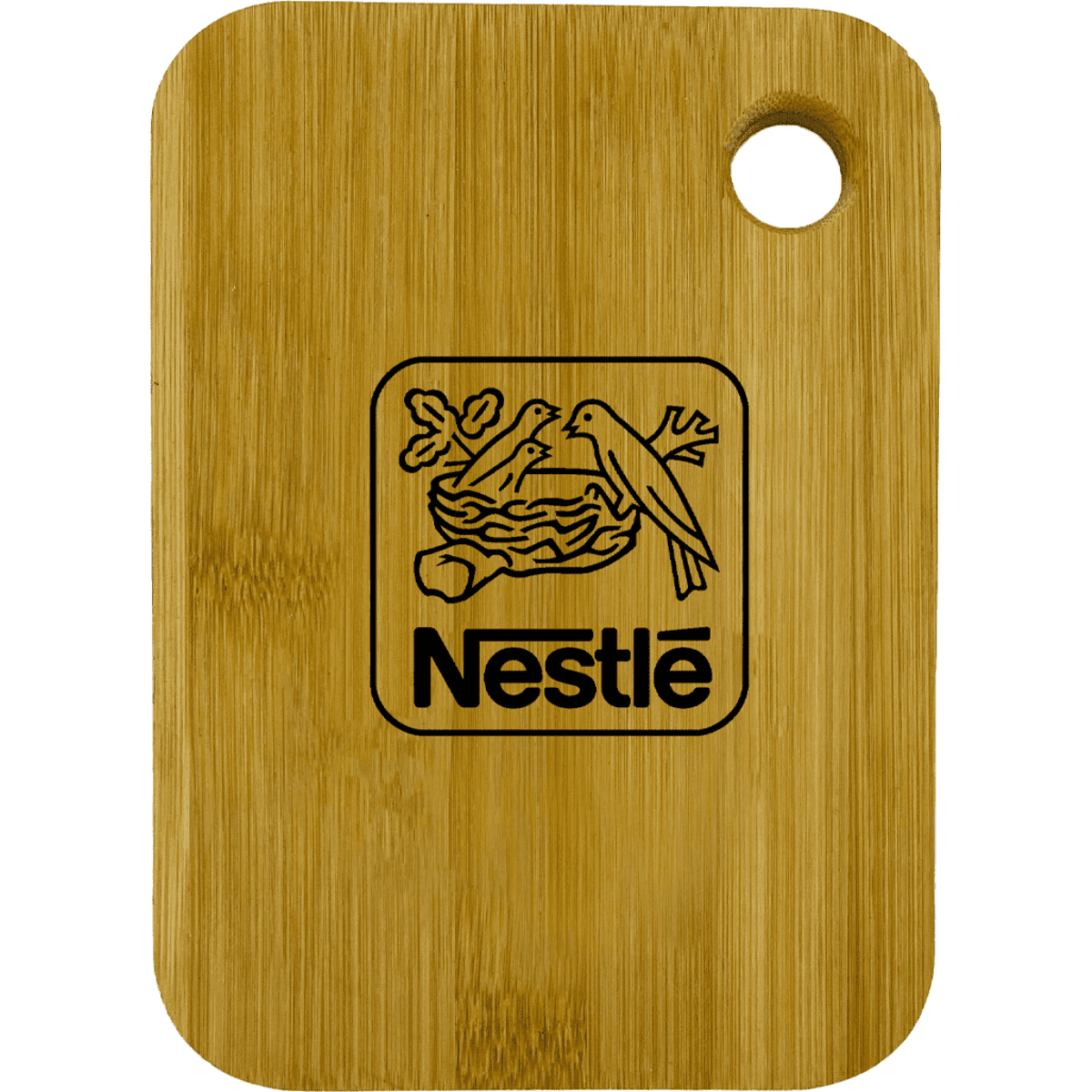 A small bamboo cutting board featuring a round handle and a logo on the surface.