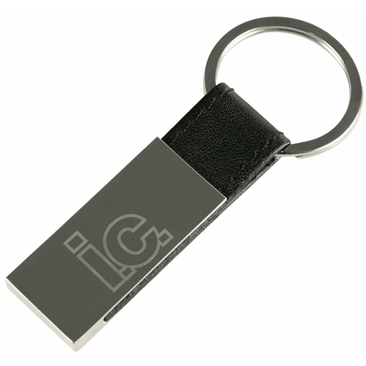 A black leather keychain with a silver metal rectangular attachment and a logo.