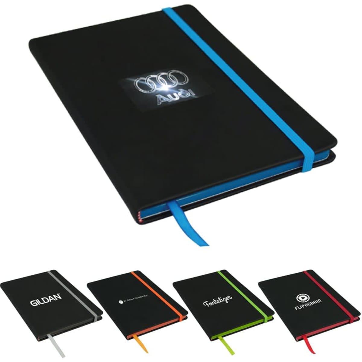 A black A5 journal with an elastic band in blue, featuring various other coloured journals in the background.