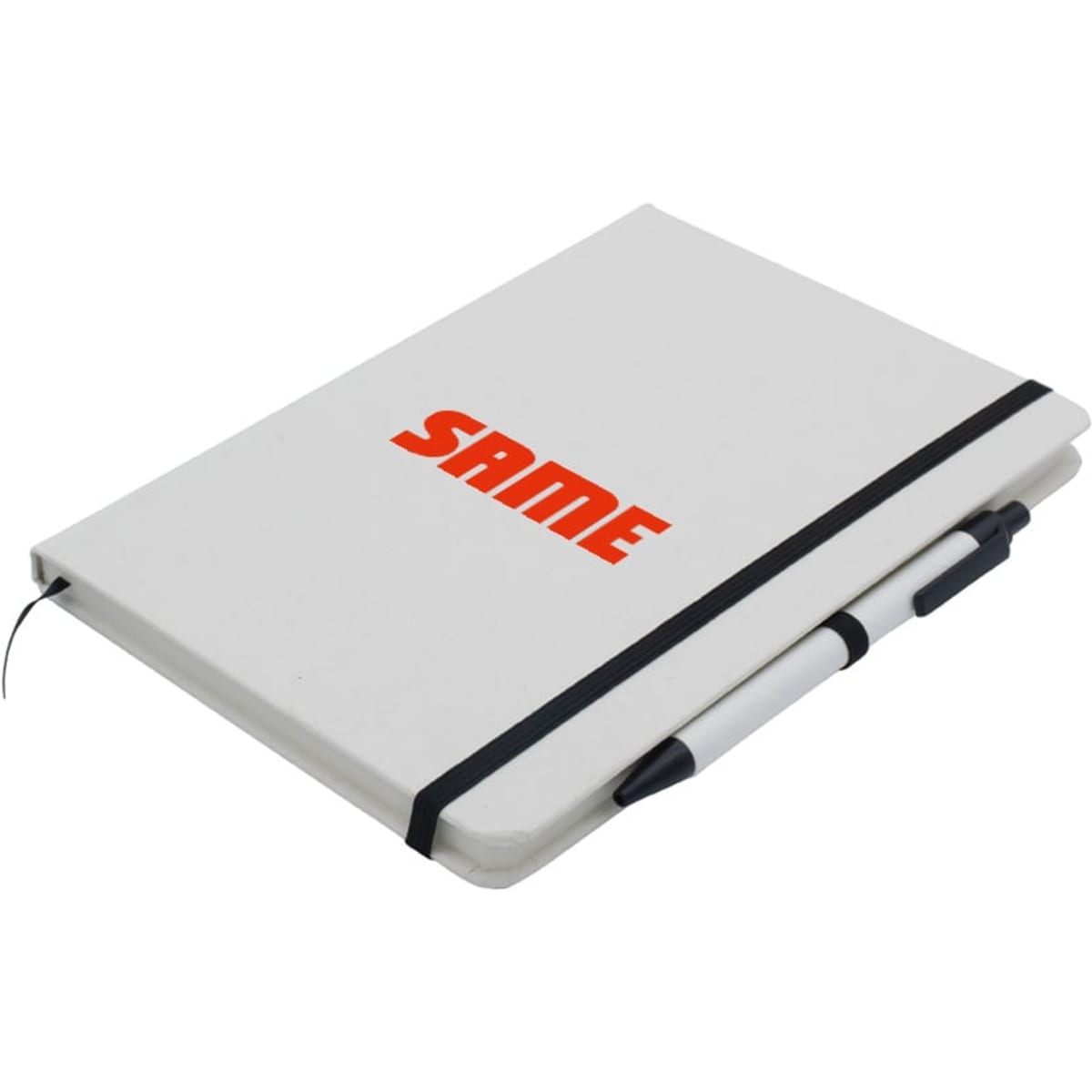A white A5 notebook featuring an elastic band and a black pen attached. The notebook has a logo on the cover.