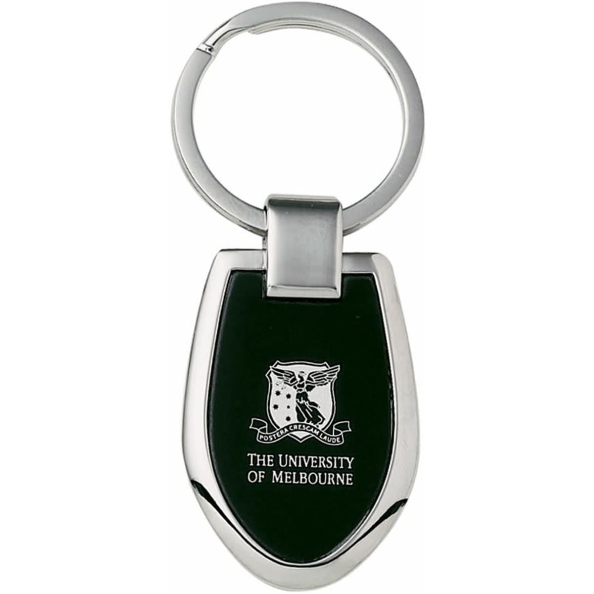 A keychain with a silver metal finish and a black shield-shaped pendant featuring a logo.